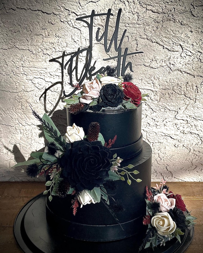 Goth Wood Flower Wedding Cake, Black Rose Cake Flowers, Gothic, Moody, Noir Dark Red, Burgundy, Blush, Black, Ivory, Cake Decor, Cake Top image 6
