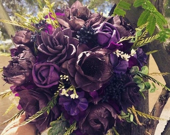 Sola Wooden Wedding, Black, Purple Bouquet, Goth, Halloween Bride, Ultra Violet Wedding, Eco Friendly, Keepsake, Forever Flowers by Gigi