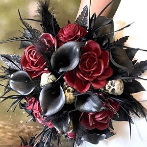 Gothic Bridal Bouquet, Skull Wood Flower Bouquet Dark Red Rose, Black Calla Lily, Goth Wedding, Skulls, Forever Flowers by Gigi | VERONICA
