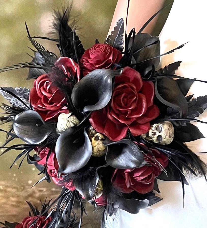 Bouquet Gothique Artificiel Halloween - Roses Noires Et Rouges - Décoration Sombre Pour Mariage, Fête Ou Intérieur - 11