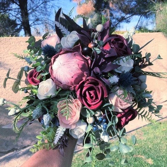 Burgundy Blush Wedding Bouquet - Sola Wood Boho Bridal Bouquet