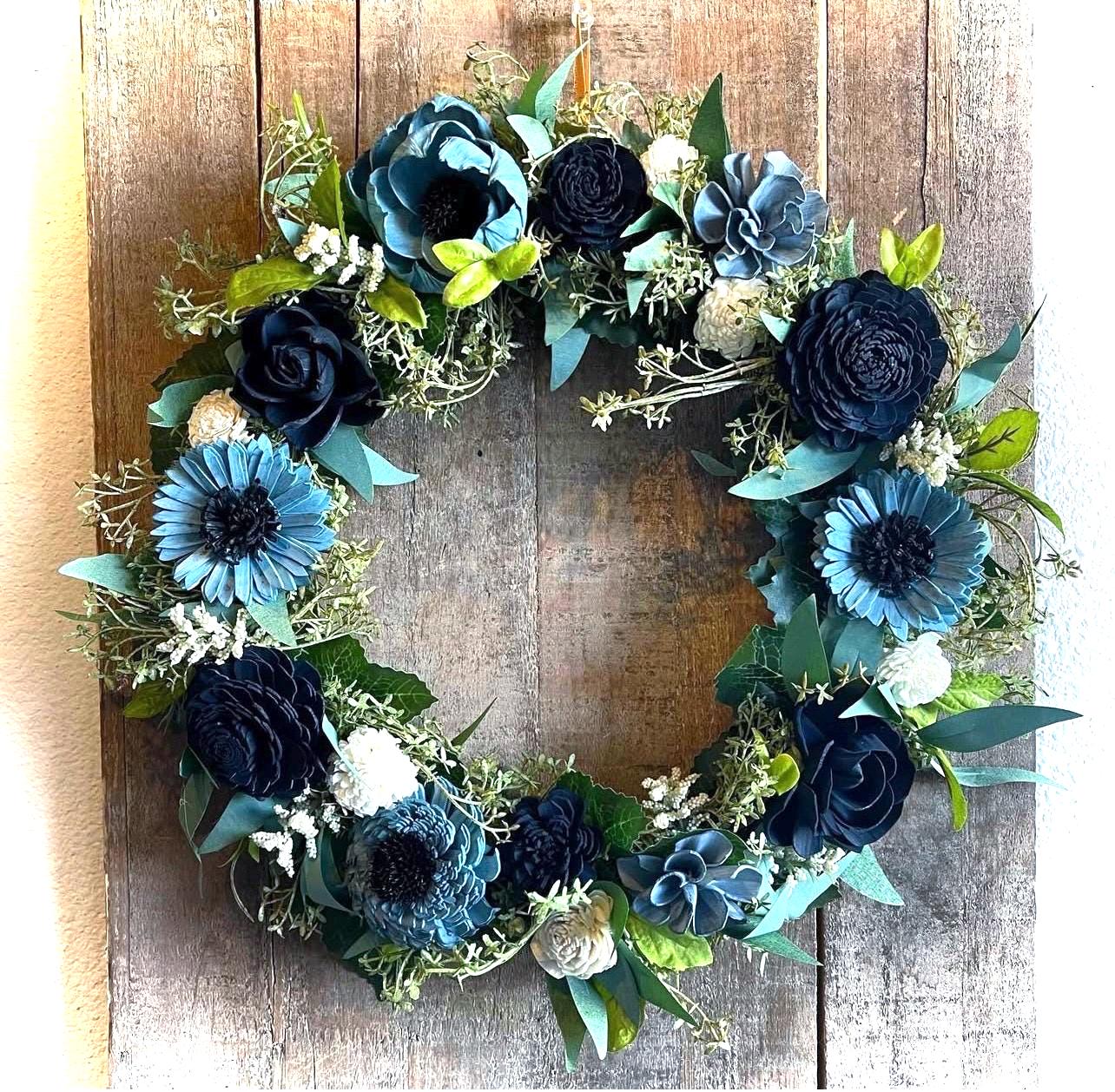 Blue Daisy Wood Flower Wreath – Teal Steel Dusty Blue Navy Home