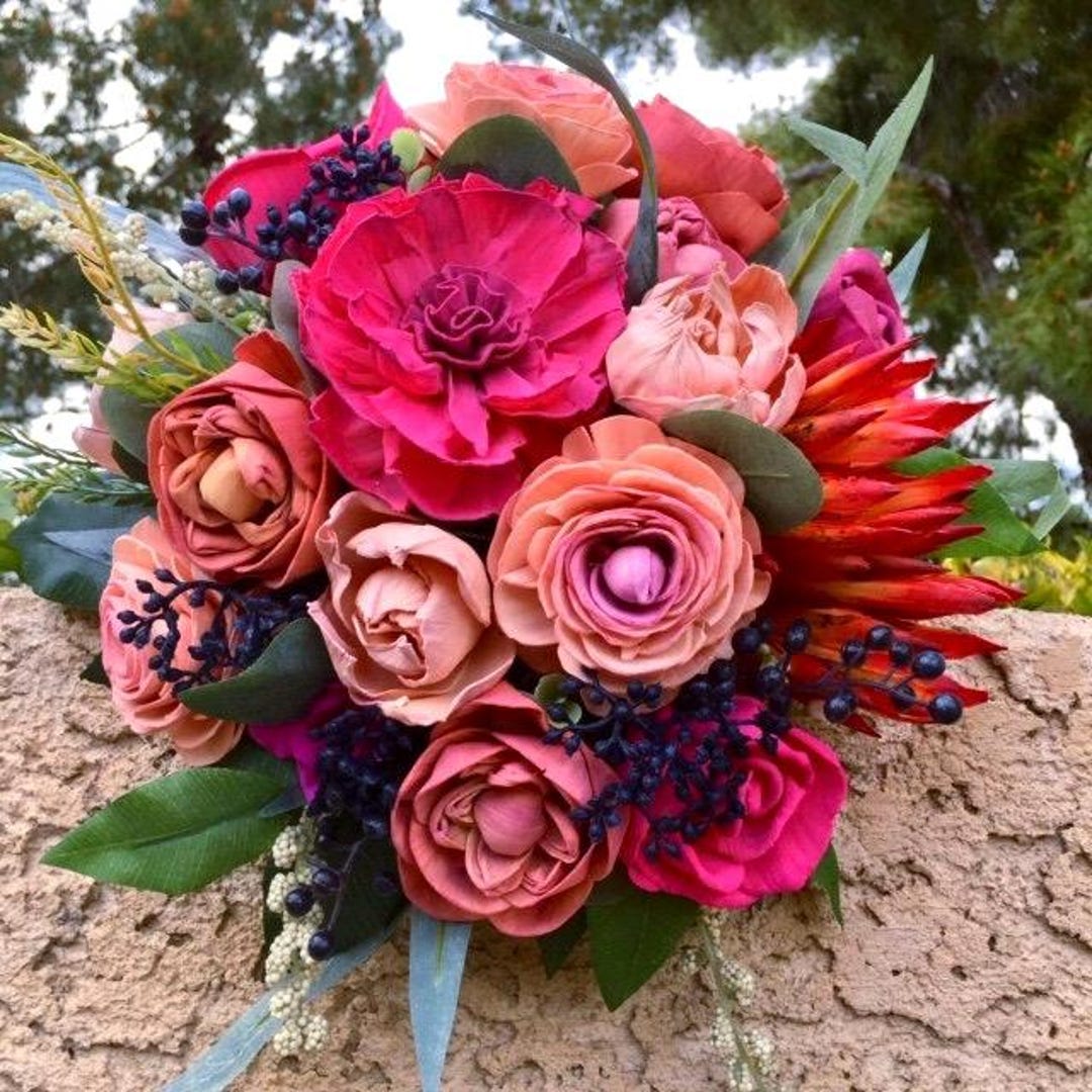 Hot Pink Sola Wood Flower Bridal Bouquet: Coral & Navy Accents