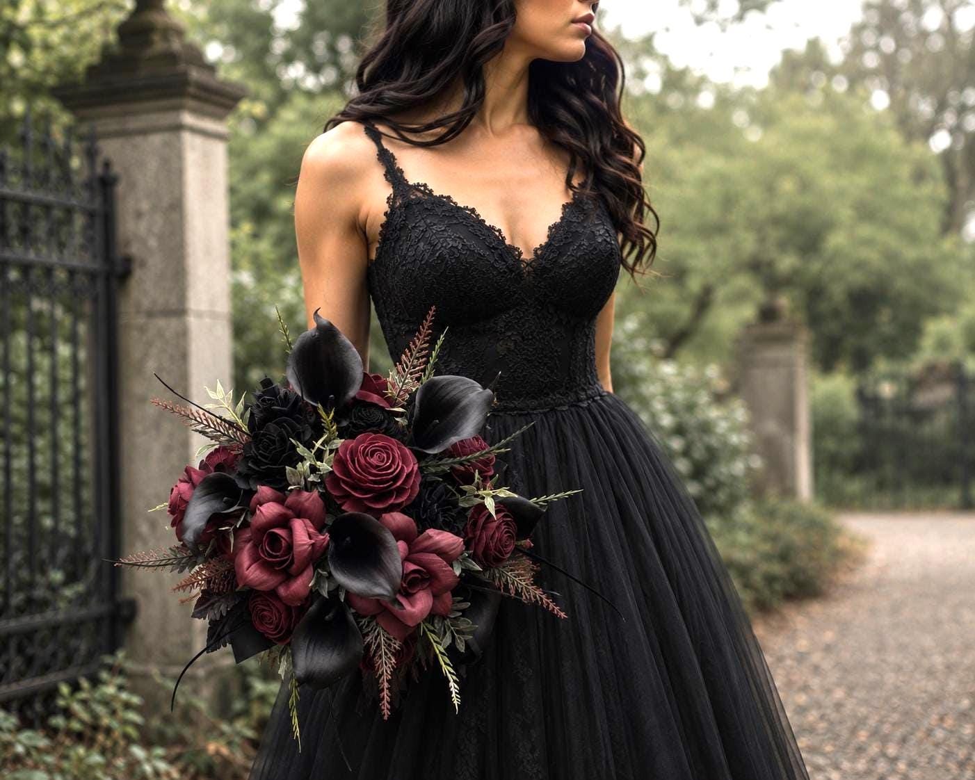 bouquet for black dress Burgundy Gothic Wedding Bouquet, Dark Romance Calla Lily Wood Rose Bridal Flowers – SAMANTHA Jack Black as BOWSER