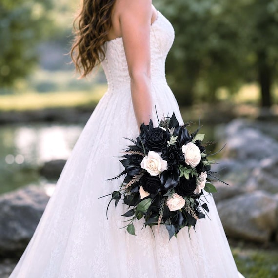 white dress with black roses Gothic Wedding Bouquet, Calla Lily Sola Wood Rose Bridal Bouquet home decor Daily Deal inexpensive boho wedding dresses Size:XLARGE