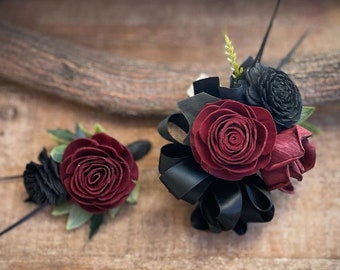 PROM FLOWERS Wood Flower Wrist Corsage Boutonniere Combo, Large Corsage, Wedding Flowers, Goth Colors, Eco-Friendly, Forever Flowers by Gigi