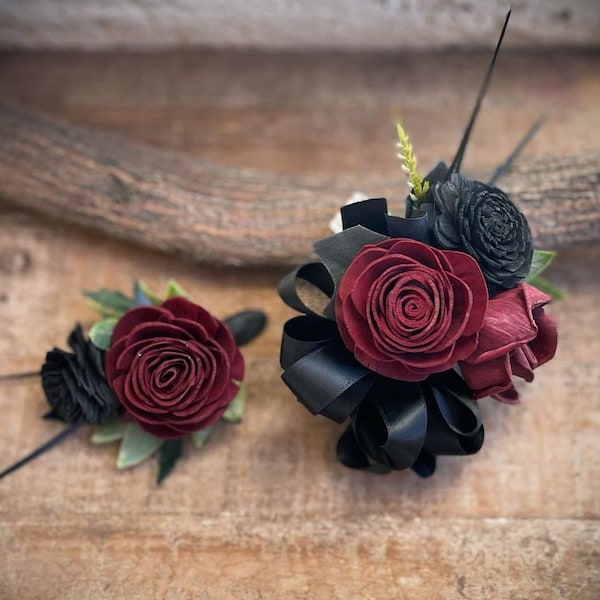 PROM FLOWERS Wood Flower Wrist Corsage Boutonniere Combo, Large Corsage, Wedding Flowers, Goth Colors, Eco-Friendly, Forever Flowers by Gigi