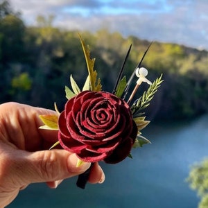 Gothic Dark Red Rose Boutonniere: Sola Wood Flower, Forever Flowers