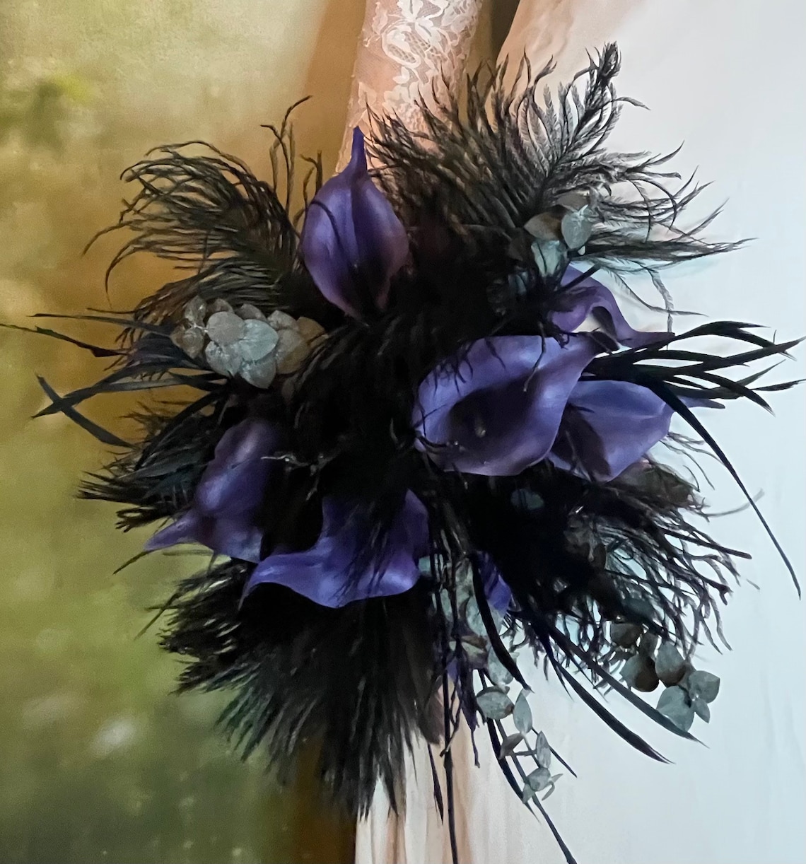 Moody Wedding Bouquet in Purple Callas and Black Feathers image 1