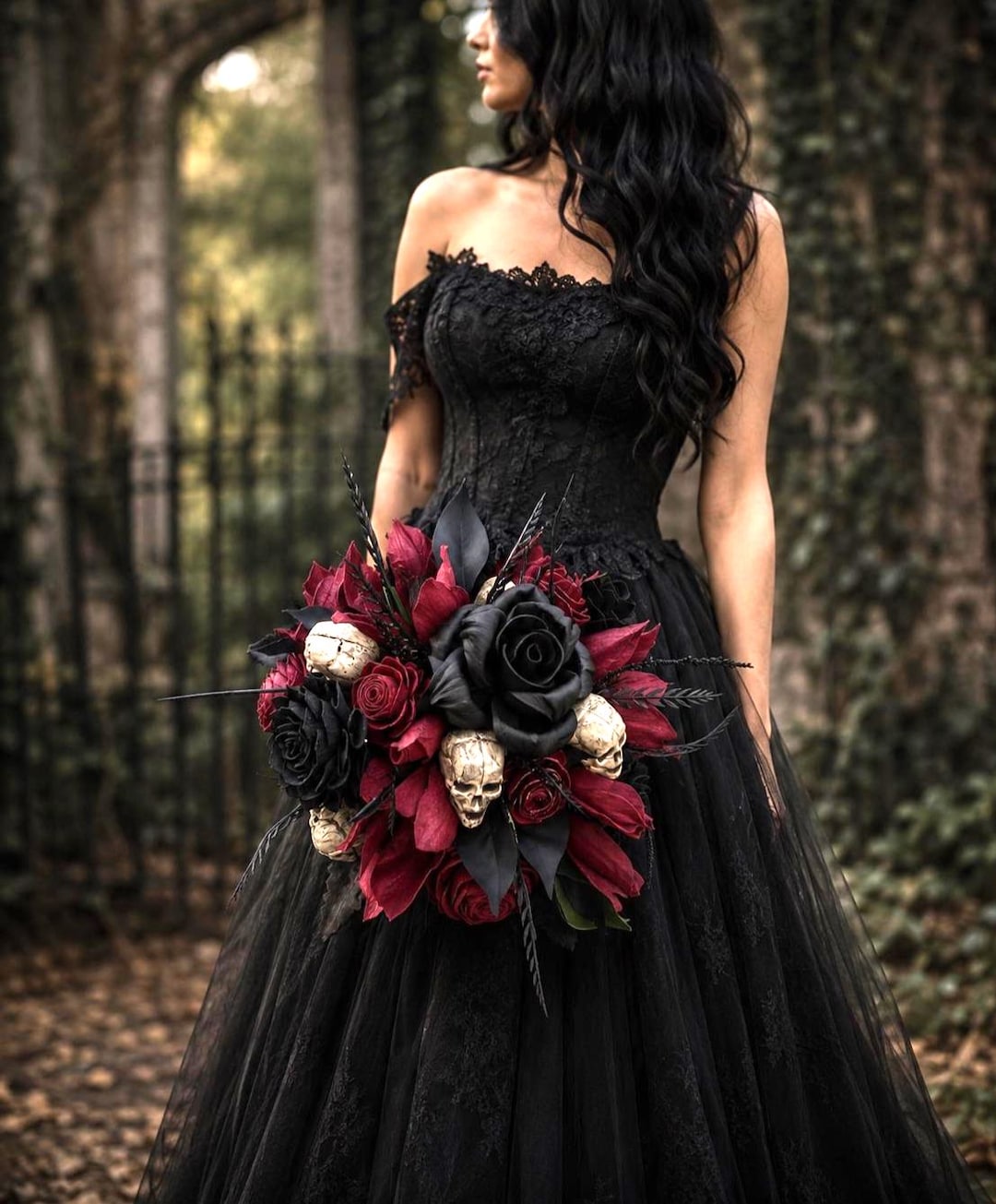 black bridesmaid dresses with red roses Skull Gothic Wedding Bouquet, Rose Dark Lily Sola Wood Bridal Bouquet Neck Size:L Experience elegant boho x-sibling-handle:sol-asym-dress-ivory Vintage 90s Disney Classics