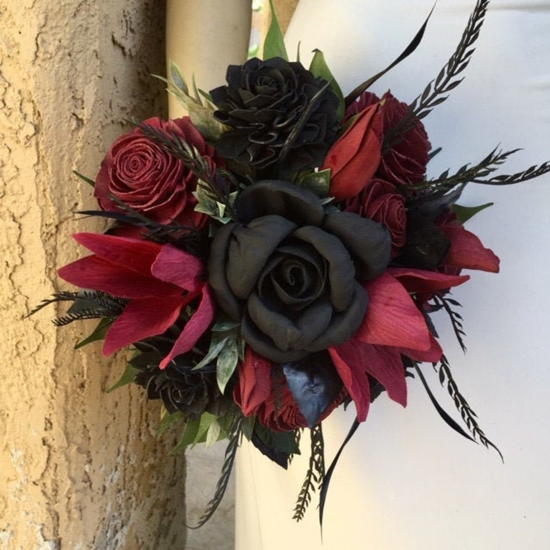 Gothic Wood Flower Bouquet Dark Red Lily, Black Rose Dahlia, Goth