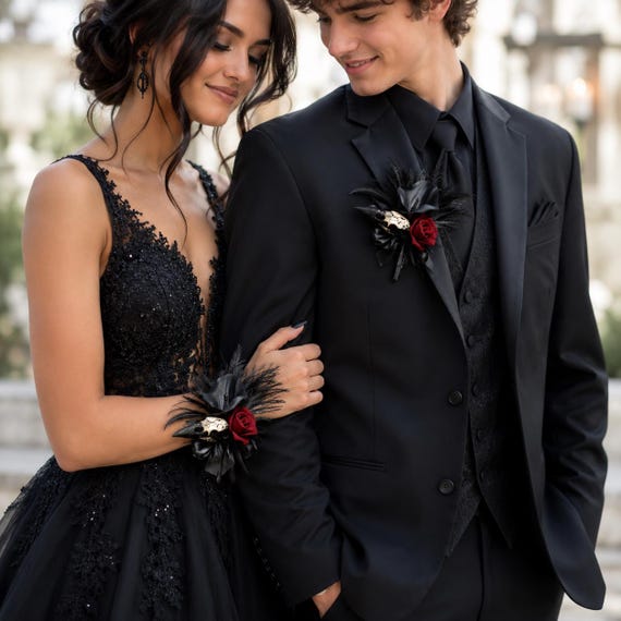 boutonniere for black dress Burgundy Goth Prom Corsage Set, Raven Skull Calla Lily, Homecoming Wood Rose shop all birthday Red Asymmetric Dress/extravagant Clothing/casual Select Pants Size:33 This boutonniere kit includes