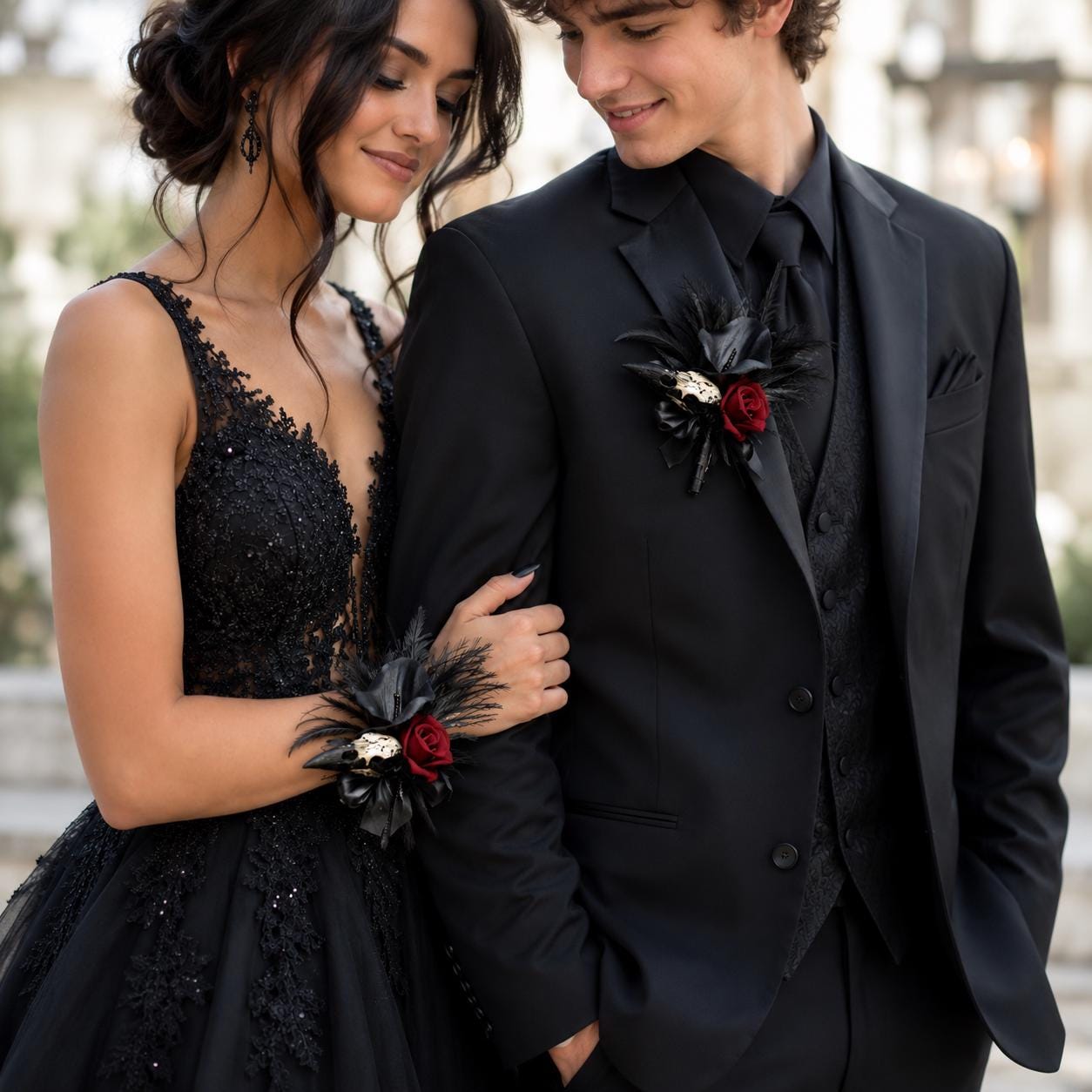 prom corsage black dress Burgundy Goth Boutonniere Set, Raven Skull Calla Lily, Homecoming Wood Rose Black BOUTONNIERE STEM COLOR