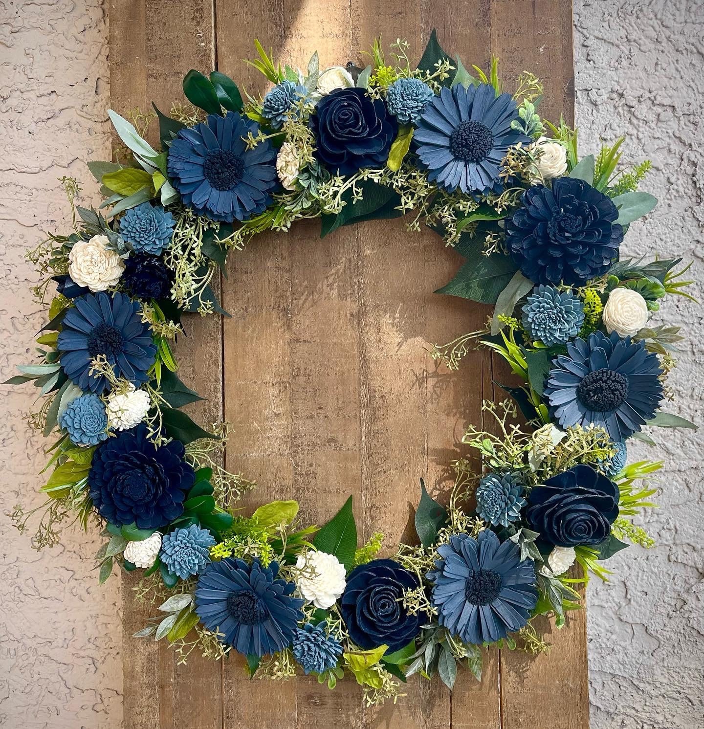 Blue Daisy Wood Flower Wreath – Teal Steel Dusty Blue Navy Home