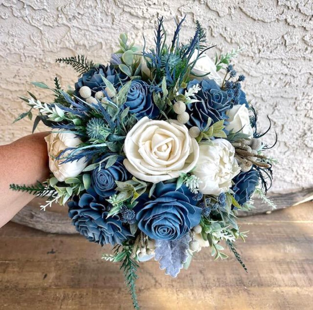 Dusty Blue Ivory White Wedding Bouquet – Sola Wood Flower Peony