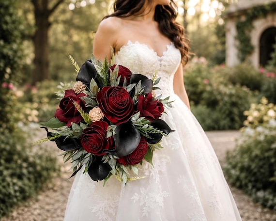 black and rose gold wedding dress Bouquet Burgundy Black Gold Gothic Wedding Bouquet, Calla Lily Sola 20260618_SUMMERSALE Black Swan Ballet Costume Top Color:Black-and-white black symbolizes prosperity and