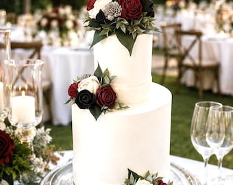 Black Red White Silver Cake Flowers – Sola Wood Wedding Cake Topper Floral Decor