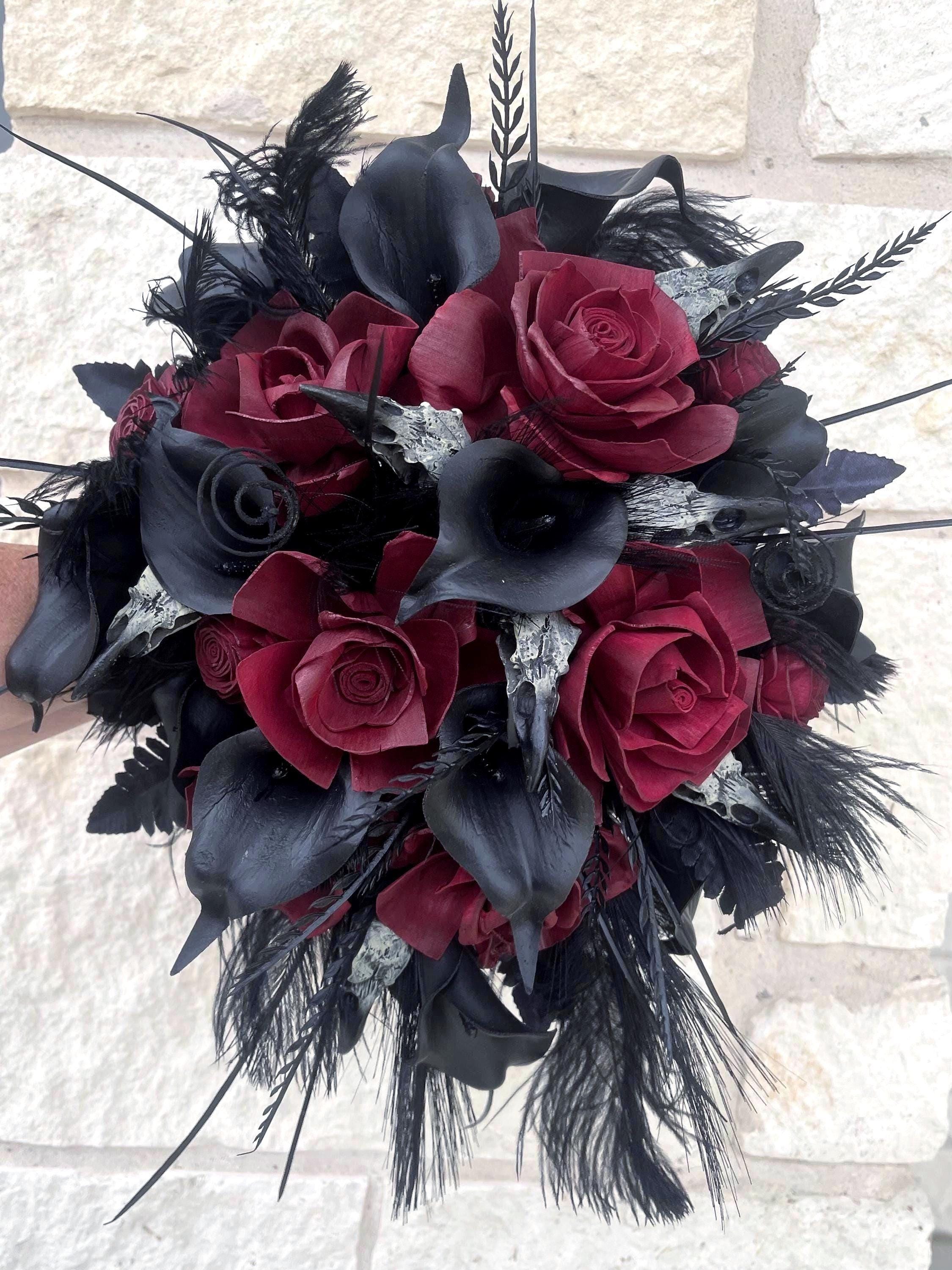 Gothic Wedding Bouquet, Dark Red Wood Roses Black Calla Lilies