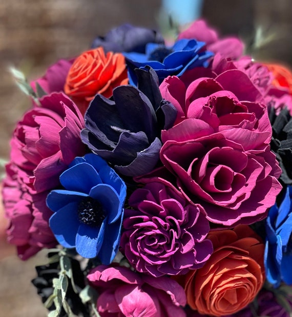 Vivid Sola Wood Flower Bridal Bouquet: Fuchsia, Pink, Blue, Orange