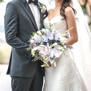 Boho Bridal Bouquet – White Rose & Lily Sola Wood Flowers for Rustic Wedding - Crystal