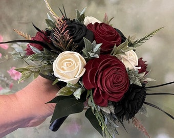 Wood Flower Wedding Bouquets in Dark Red, White and Black Wood Rose, Burgundy Goth Bouquet, Scent Options, Keepsake, Forever Flowers by Gigi