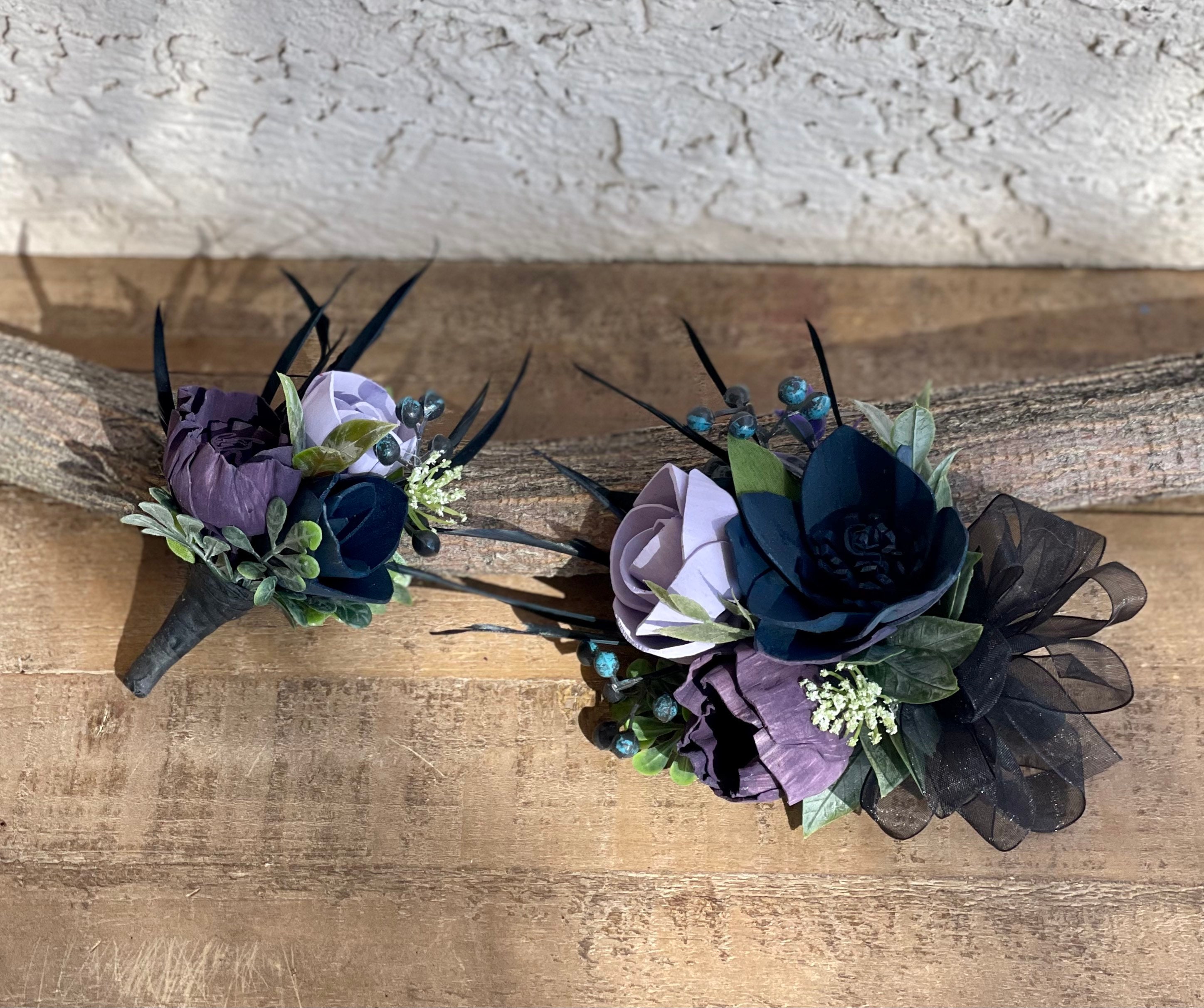 Blue and Purple Corsage & Boutonniere Set – Sola Wood Prom Flowers