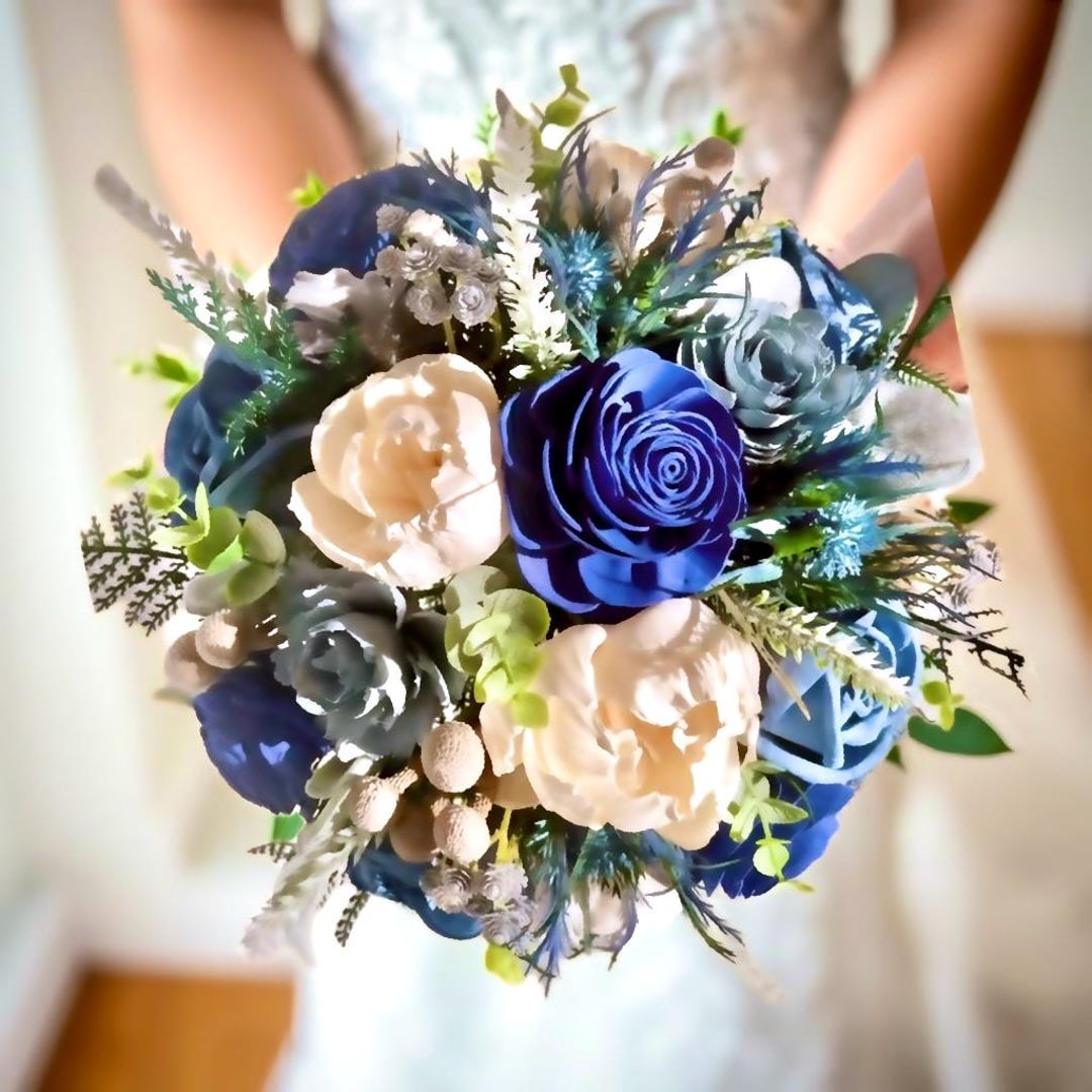 Blue and White Ivory Wedding Bouquet – Sola Wood Flower Bridal