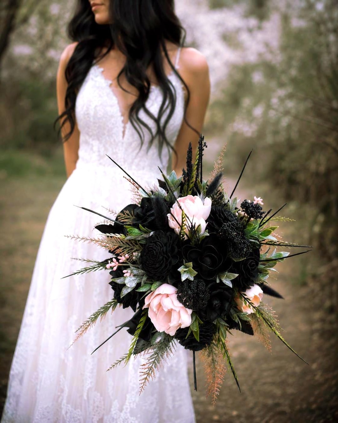 Black Blush Pink Wedding Bouquet, Dark Moody Sola Wood Bridal