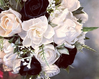 Wood Flower Bouquet in Black and White Ivory Peony and Rose Wedding Bouquet, Anemone option, Eco-Friendly, Keepsake, Forever Flowers by Gigi