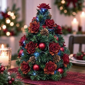 May include: A tabletop artificial Christmas tree featuring green pine needles, deep red rose blossoms, small brown pinecones, and matte red spherical ornaments. The tree is illuminated by small, cool-toned white LED string lights throughout.