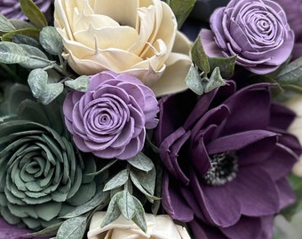 Paquet de fleurs de mariage - Ensemble de bouquet de mariée en bois de sola, pivoine succulente sauge violette