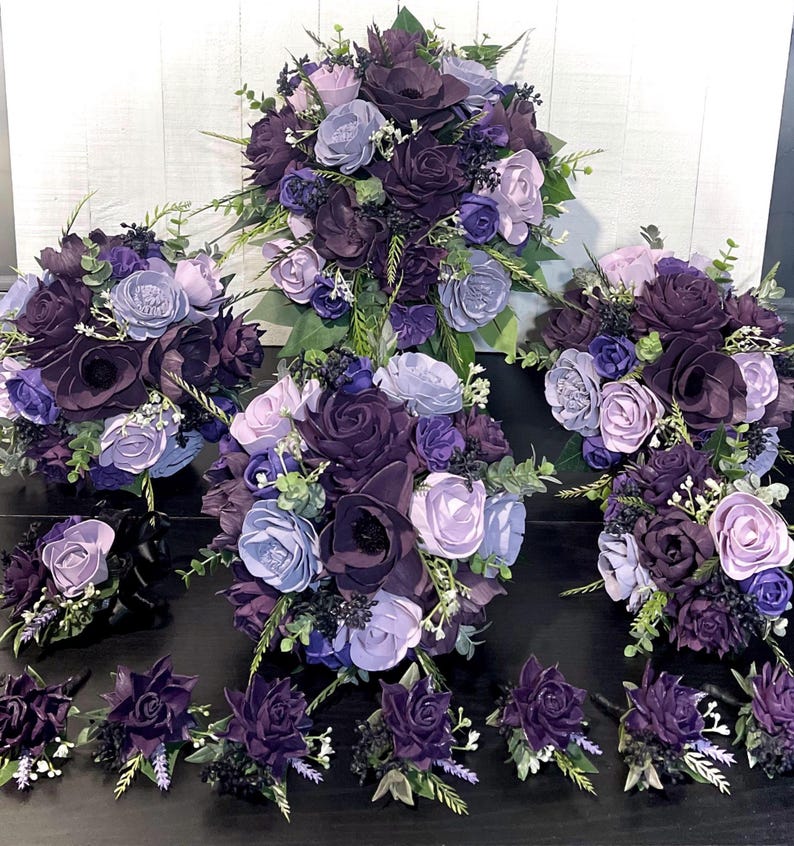 Paquet de fleurs de mariage gothique - Bouquet de mariée en bois de sola violet foncé pourpre clair - JULIANA Full Package OPTION