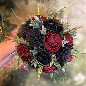 The Ava Gothic Wedding Wood Flower Bouquet in Dark Red and Black Wood Rose, Burgundy Goth Bouquet, Scent Options, Keepsake, 10" MAID OF HONOR