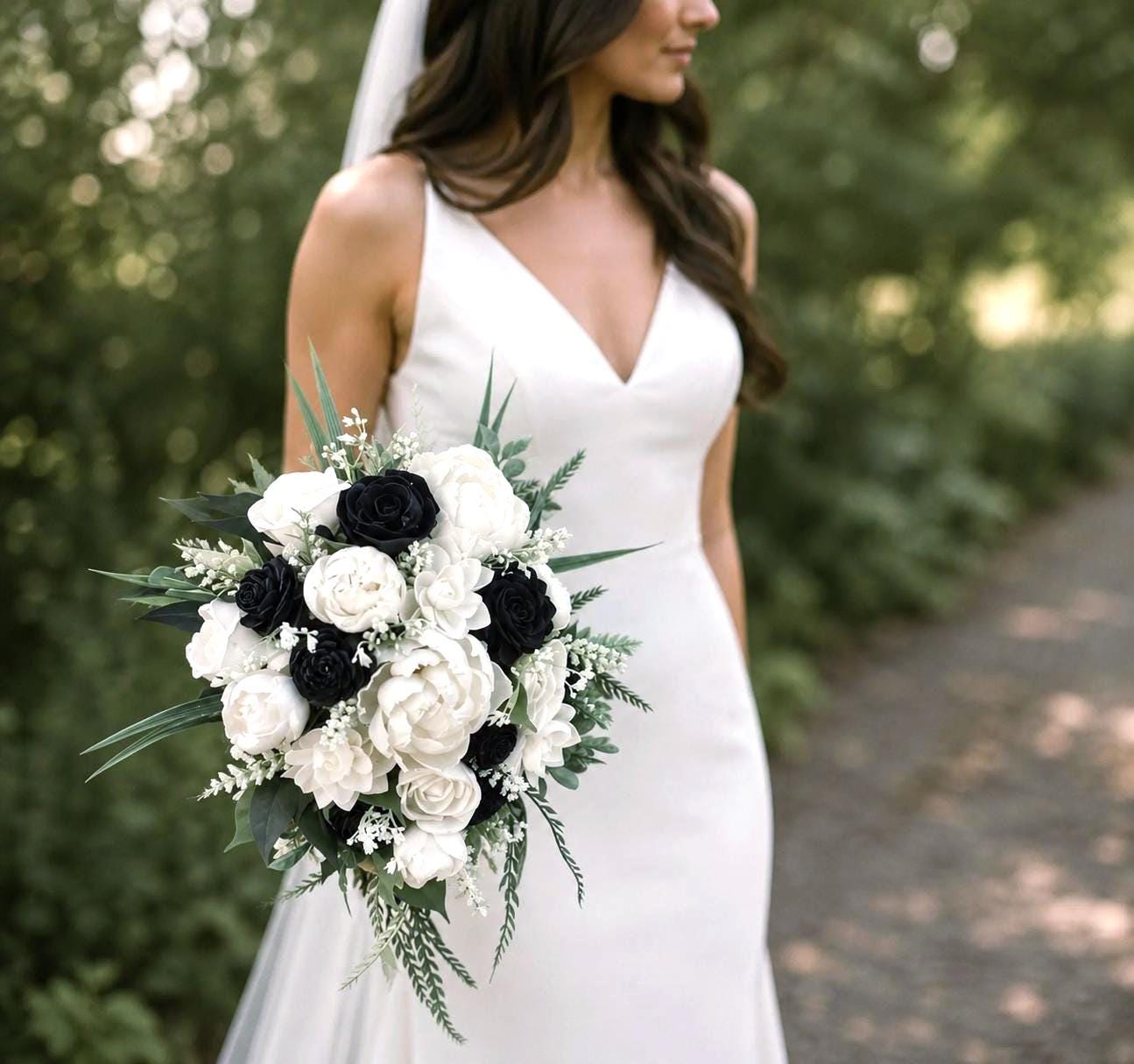 wedding bouquet for ivory dress Black White Bouquet, Sola Wood Rose Peony Bridal – LIZA silk organza