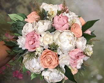 Sola Wood Flower Bridal Bouquet, Peach, Blush Pink and White Peony Rose Wedding Bouquet, Eco-Friendly, Scent option, Forever Flowers by Gigi