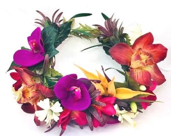 Colorful Tropical Flower Crown Hawaiian Haku Lei Island Luau Hair Vibrant Hawaiian Flower Crown Haku Lei Wedding Hula Head Piece I KEILANI
