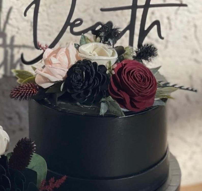 Goth Wood Flower Wedding Cake, Black Rose Cake Flowers, Gothic, Moody, Noir Dark Red, Burgundy, Blush, Black, Ivory, Cake Decor, Cake Top Cake Topper