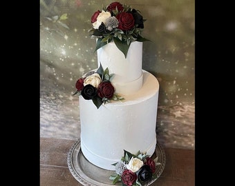 Sola Wood Flower Wedding Cake Flowers  in Dark Red Roses, Ivory White Peonies, Black Roses, Silver Mums, Cake Flowers, Cake Decor, Topper