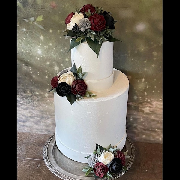 Sola Wood Flower Wedding Cake Flowers  in Dark Red Roses, Ivory White Peonies, Black Roses, Silver Mums, Cake Flowers, Cake Decor, Topper