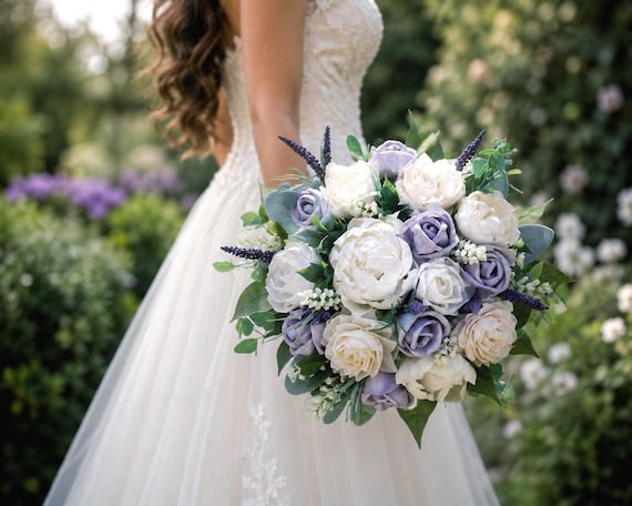 Dusty Purple Ivory Wedding Bouquet, Sola Wood Bridal Bouquet