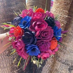 Vivid Wood Flower Bridal Bouquet, Fuchsia, Hot Pink Peonies Roses, Dark Dahlias, Blue Anemones, Orange Ranunculus, Purple Peonies | CHRISSY