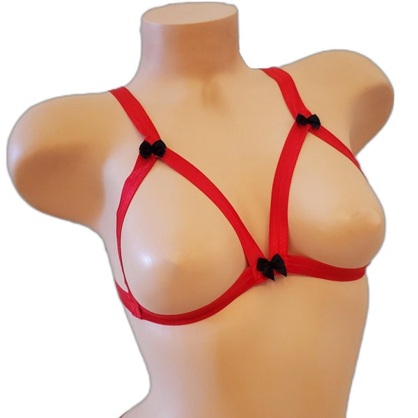 Red and Black Lingerie Bra, Cupless Chest Harness for Women