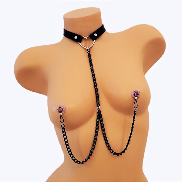 BDSM Necklace To Nipples Choker Collar Non-Piercing Nipple Chain, Fake Nipple Ring Body Chain Lingerie Jewelry