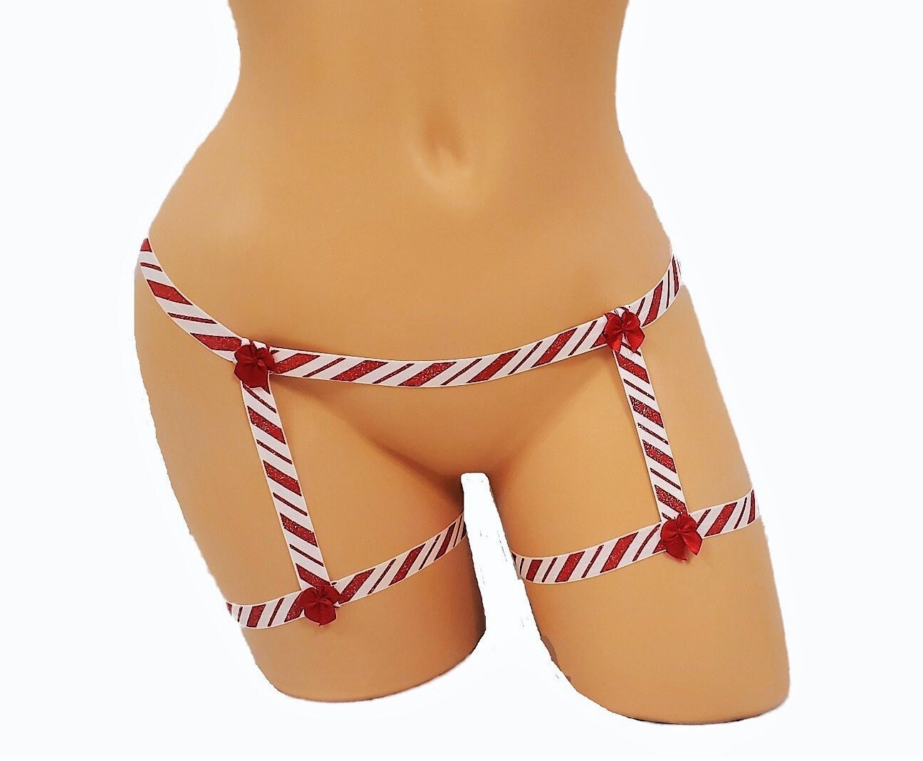Candy Cane Christmas Cage Leg Garter Belt Holiday Lingerie 