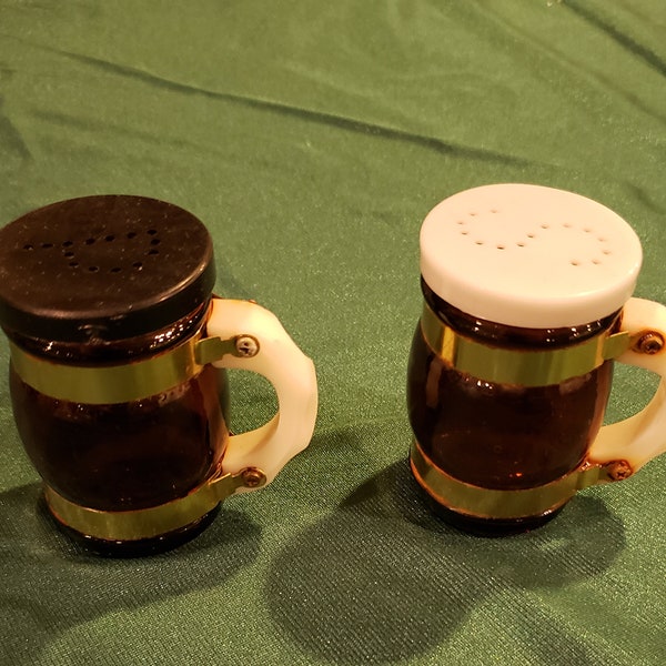 Vintage Souvenir Glass Mug Wood Handle Salt & Pepper Shakers