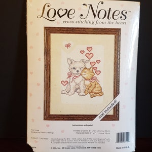 Love Notes First Love Gibson Greetings Counted Cross Stitch Kit Whimsical Cat and Dog Red Hearts Charted Design New In Package Valentine
