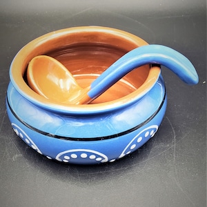 2 pc Pottery Spoon and Salsa Dish serving 5" Cobalt Glazed Redware