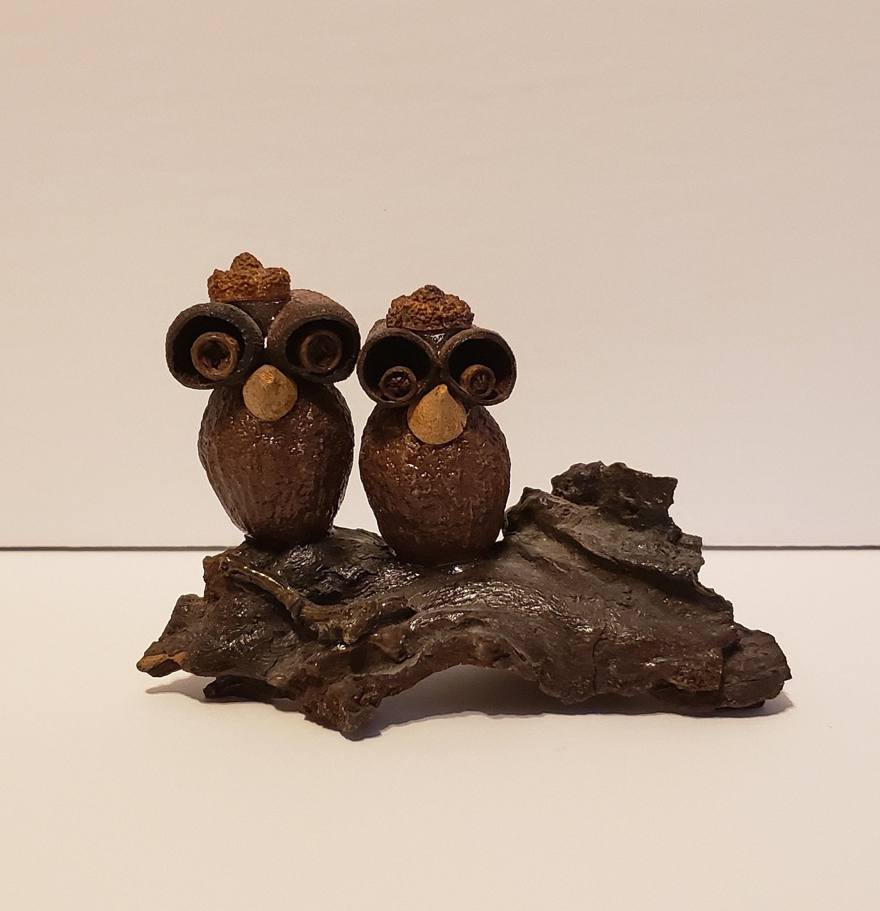 Vintage Art Owls on a Branch made from all natural materials acorns wood