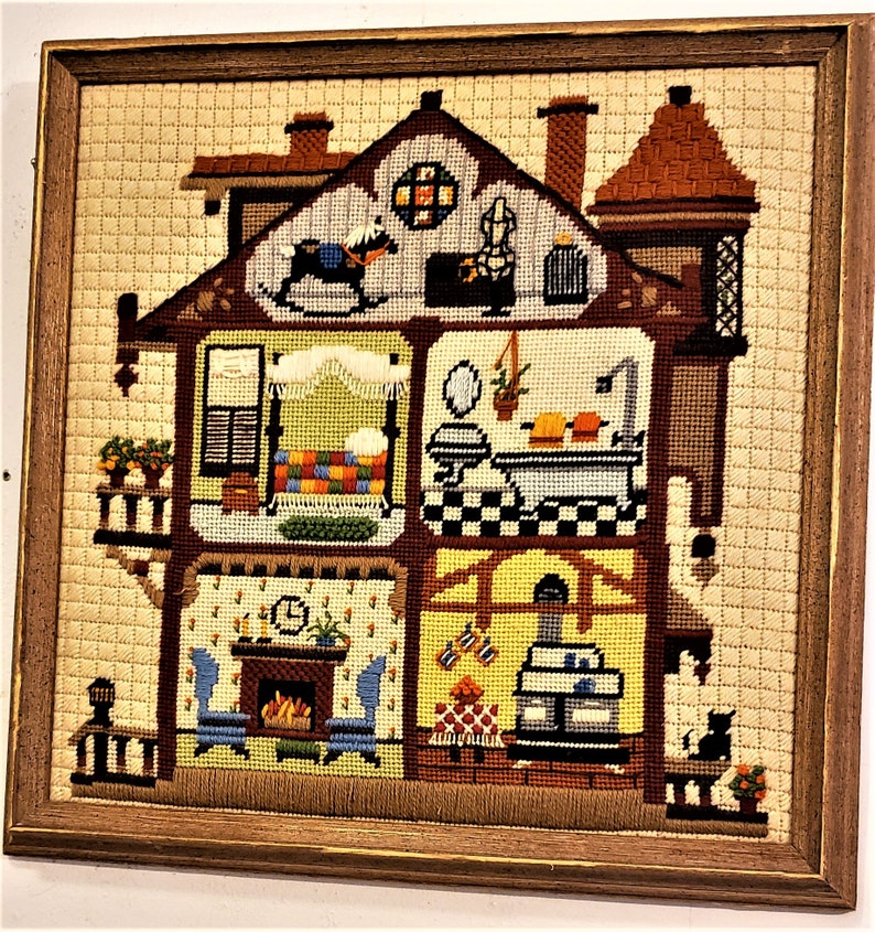 Vintage Crewel Art Doll House Cosy House Embroidery Framed Etsy