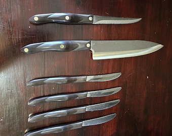 Juego de 6 cuchillos vintage CUTCO con mango marrón, cuchillo para trinchar de chef de EE. UU., EUC